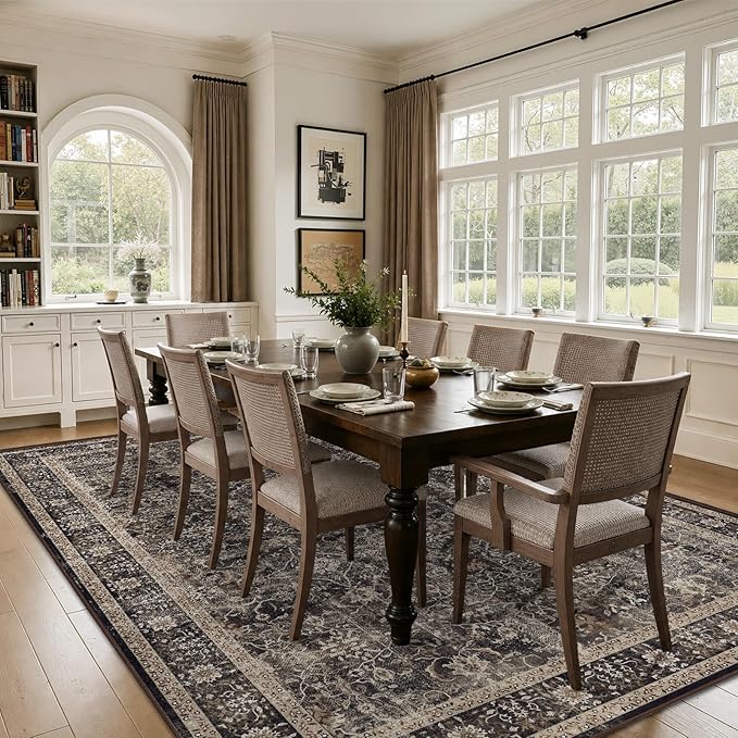 Vintage Black 6x9 Area Rugs, Washable Rugs for Bedroom Living Room Low Pile Non Slip, Mid-Century Modern Dark Print Carpet Rugs for Dining Room Home Office, Earth Tone Brown/Black/Beige