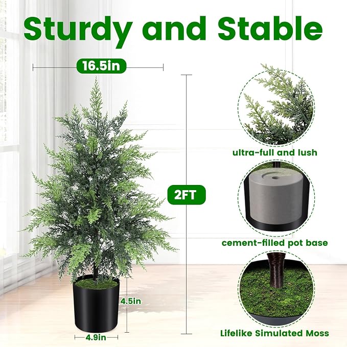 ENVEN Outdoor Artificial Topiary Cedar Tree Real Touch Faux Pine Evergreen Shrub Plant UV Resistant Greenery Tree with Pot Realistic Cypress Front Porch Decor (2FT-2Pack)
