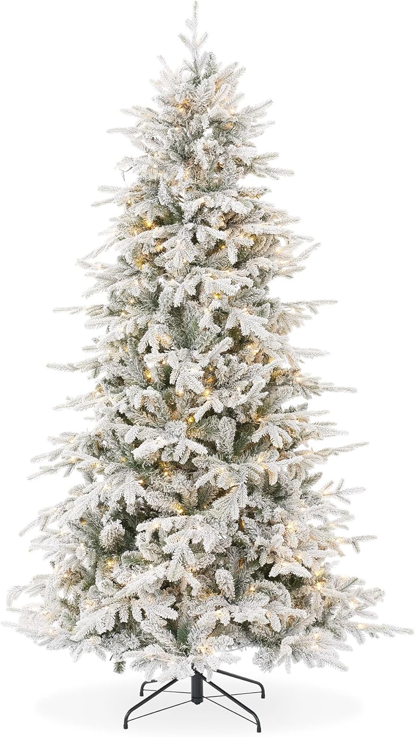Casafield 6.5FT Pre-Lit Snow Flocked Slim Aspen Fir Artificial Holiday Christmas Tree with White & Multicolored LED Lights, Realistic Noble Fir with Metal Stand