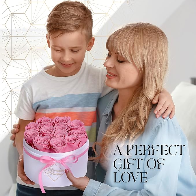 GLAMOUR BOUTIQUE Flower Forever Gift Box, 12 Real Preserved Roses in Round Velvet White Box, Handmade Floral Gift with Rose Petals for Birthday, Anniversary or Graduation, Pink (Color-Treated)