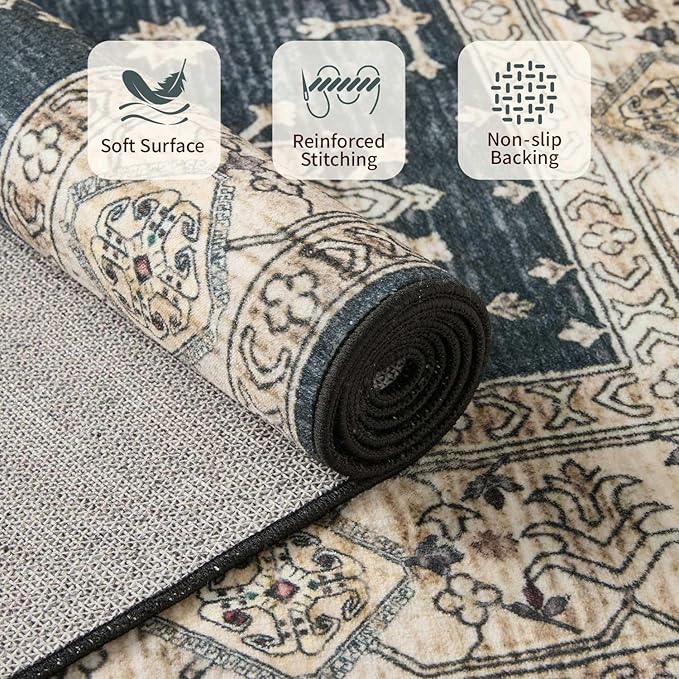 Rugxara 5x7 Area Rugs for Living Room Bedroom, Large Washable Rug, Black Vintage Floral Boho Rug, Non Slip & Low Pile Faux Wool Thin Carpet for Indoor Dining Room and Kids Room(Black 5x7ft)