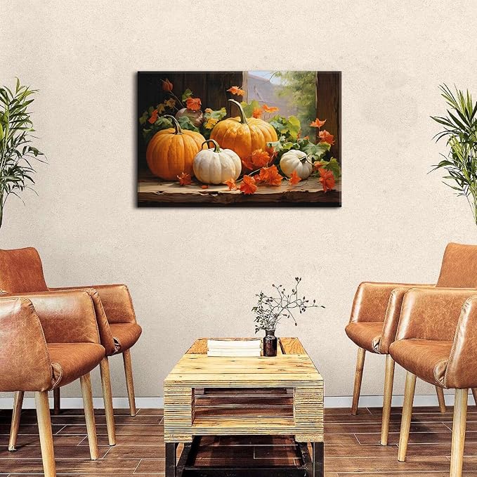 Pumpkin Canvas Wall Art Fall Pictures Maple Leaf Autumn Thanksgiving Wall Decor Rustic Halloween Themed Wall Framed Prints Modern Artwork for Living Room Kitchen Bedroom Dinner Home Decorations 24x36”