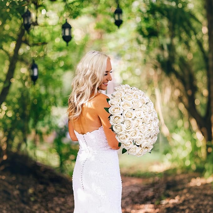 50 PCS Champagne Roses Artificial Flowers, Fake Roses with Stem Realistic Silk Rose for DIY Wedding Bouquets Table Centerpieces Arrangements Baby Shower Birthday Home Decor Valentines Day Gift for Her