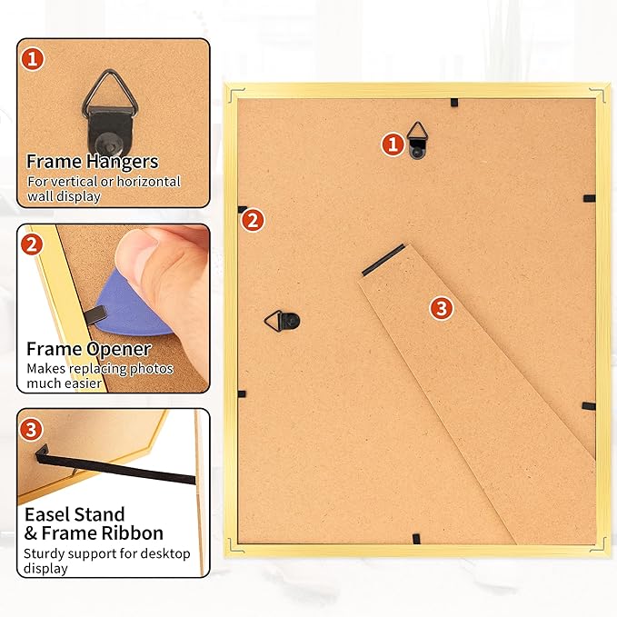 8x10 Picture Frame Set of 2, Gold Photo Frame for Tabletop or Wall Display, Display Pictures 5x7 with Mat or 8x10 Without Mat, Frame Collage with HD Plexiglass for Gallery Wall Home Decor