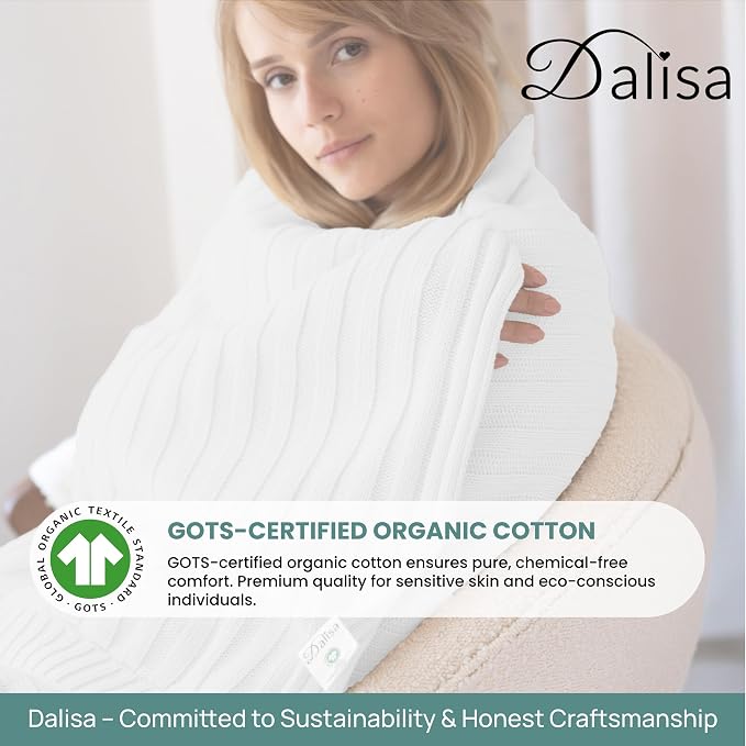 Dalisa 100% Organic Cotton Knit Throw Blanket, White, 50x60 Inches, GOTS-Certified, Crochet Knit, Adult, Eco-Conscious Luxury, Lynx-Inspired Pattern