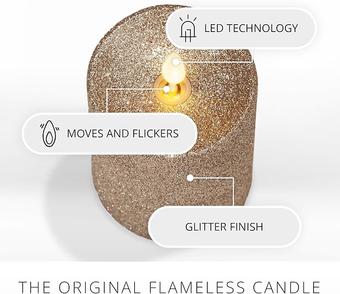 Luminara Realistic LED Moving Flame Pillar Candle, Gold Metallic Glitter, 3" x 4.5" Inch, Battery Operated w/Remote, Indoor Outdoor, Timer Function