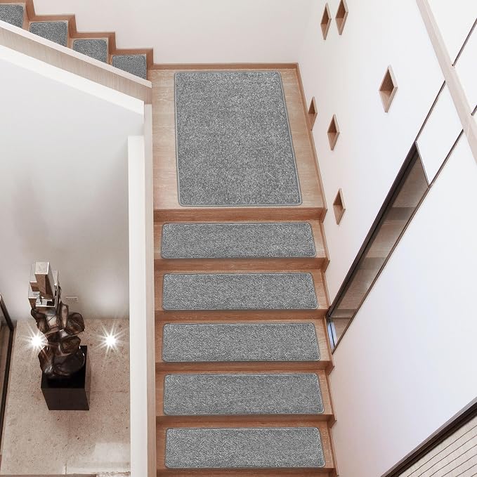 PURE ERA Carpet Stair Treads Tape Free Non Slip Indoor Stair Carpet Stair Protectors Pet-Friendly Non-Slip Skid Resistant Washable Reusable 8" x 30"(7 Pieces,Gray)