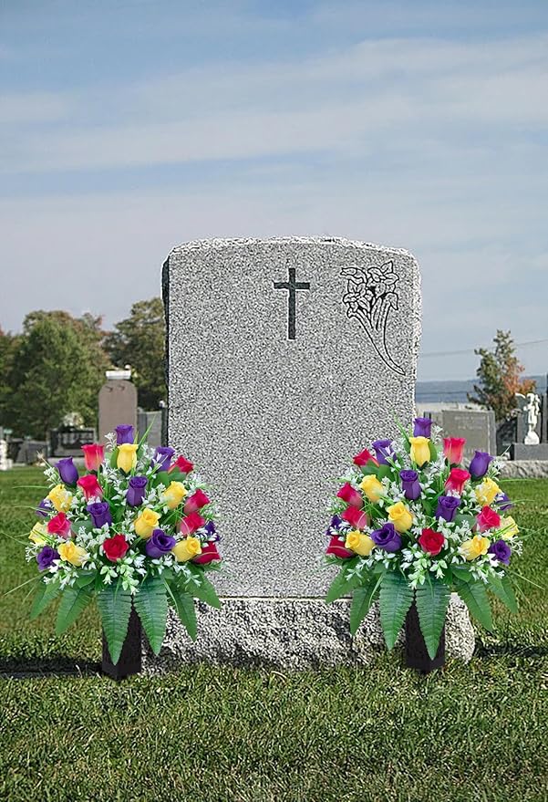 LVXINLI Artificial Cemetery Flowers, Gravesite Decoration Roses, Memorial Bouquets with Cemetery Vase, Vibrant and Long-Lasting Colors (Yellow+Purple+Brilliant Red, 2 Bundles)