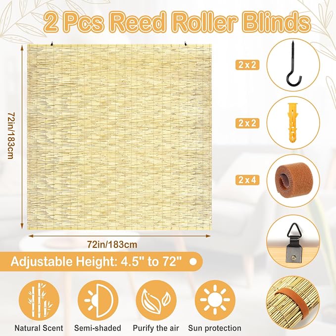 DoubleFill 2 Pcs Bamboo Shades Outdoor Reed Roll up Blinds 72" W x 72" H Blackout Sunshade Cordless Bamboo Blinds for Home Porch, Patio & Windows Decor Shutters Sunlight Privacy Screen(Natural)