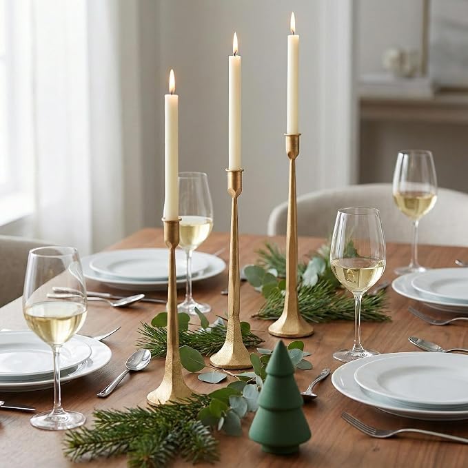 Denique Iron Taper Candle Holder Set of 3, Gold Candlestick Holders Decorative Candle Stand, Tapered Candle Holders Tall Set for Wedding, Dining Table, Home Decoration (Gold)