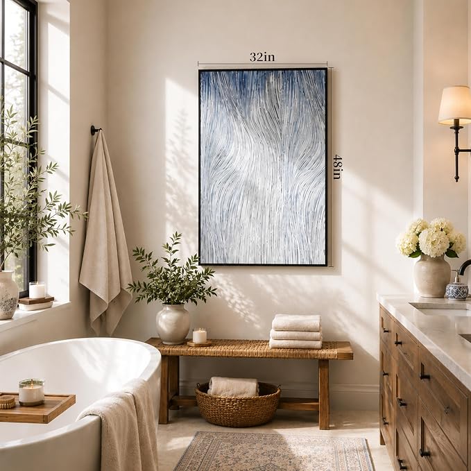 CCPEAR Large Abstract Textured Wall Art, Modern Neutral Wavy Line Canvas Painting, Framed Minimalist Wall Decor for Living Room Bedroom Office, 48x32 Inch