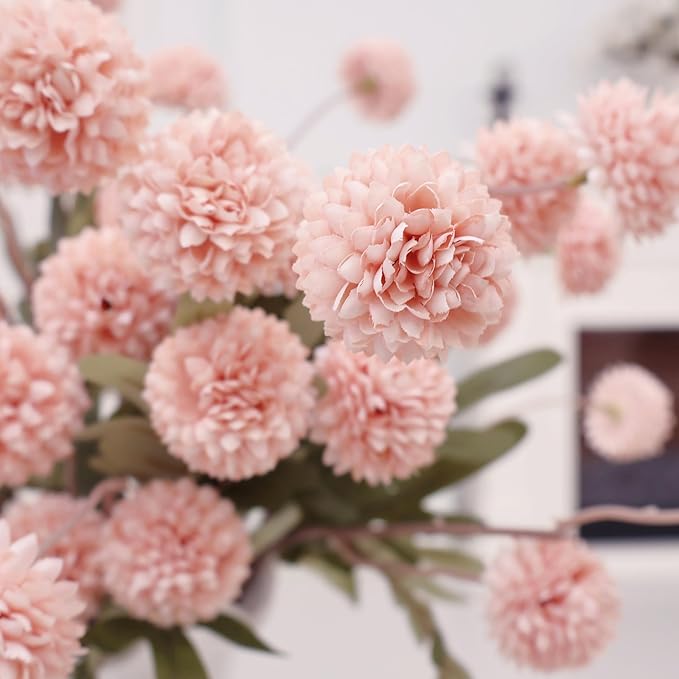 12Pcs Fake Kiku Flowers, Artificial Small Chrysanthemum Balls with Stems, Faux Silk Mini Pompon Mums for Vase Floral Arrangement DIY Bouquets Wedding Party Table Centerpieces Home Decor (No Vase)