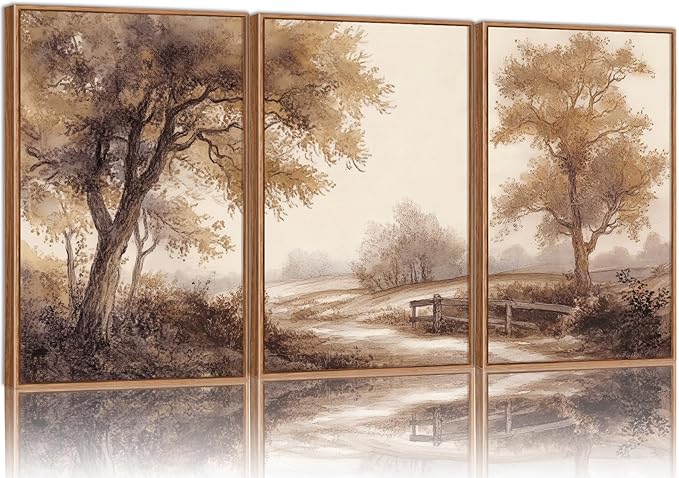 Rantodecor Vintage Landscape Framed Canvas Wall Art Triptych, Rustic Tree Sketch Wall Decor, Large Claming Nature Forest Art Paintings, Modern Relax Farmhouse Artwork for Bedroom Living Room 24"x36"x3