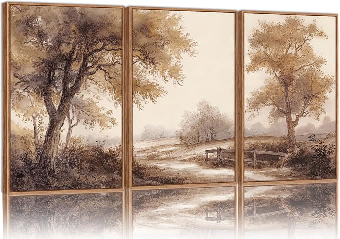Rantodecor Vintage Landscape Framed Canvas Wall Art Triptych, Rustic Tree Sketch Wall Decor, Large Claming Nature Forest Art Paintings, Modern Relax Farmhouse Artwork for Bedroom Living Room 16"x24"x3