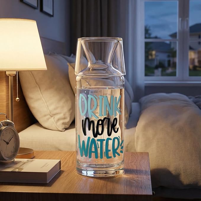 RAKLE Bedside Water Carafe & Glass Cup Set, 700cc 24oz Nightstand Decanter for Bedroom Kitchen Office, Glass Carafe Set for Home, Motivational Sayings