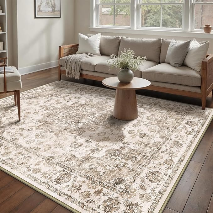 10x14 Neutral Area Rug Brown Vintage Living Room Bedroom Washable Carpet Non-Slip Soft Low Pile Farmhouse Indoor Large Throw Rug for Dining Room Office