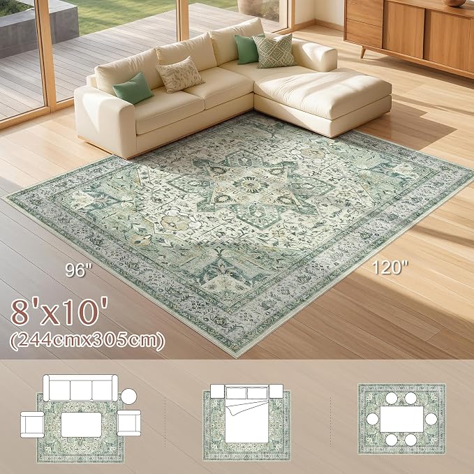 Tortania Area Rug Living Room Rugs - 8x10 Washable Boho Rug Vintage Oriental Distressed Farmhouse Large Thin Indoor Carpet for Living Room Bedroom Under Dining Table Home Office - Green