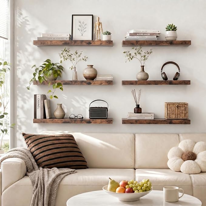 Heimlove 16 inchs Floating Shelves for Wall Set of 2,Shelf for Small Bathroom,Bedroom,Living Room,Kitchen,Modern Home Decor,Rustic Farmhouse Wall Shelves with Invisible Brackets,Rustic Brown