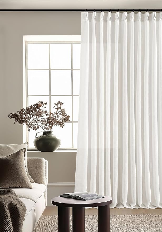 Beige White 70 Inch Wide Curtains 90 Inches Long for Living Room Light Filtering Semi Sheer Modern Farmhouse Pleated Curtain with Hooks Rings for Patio Sliding Door Dining Room Large Window 1 Panel