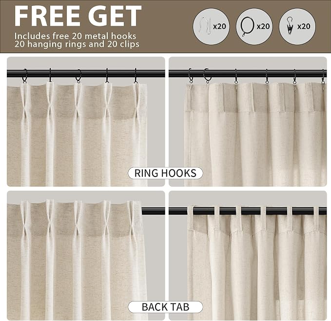 Guken Pinch Pleated Linen Curtains 98 Inches Long 2 Panels Set for Living Room Bedroom Natural Cream Farmhouse Modern Light Filtering Semi Sheer Pleat Drapes Back Tab Window Privacy Beige Ivory 40x98