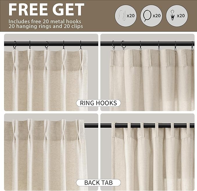 Extra Long Pinch Pleated Linen Curtains 110 Inch Length 2 Panels for Living Room Bedroom Natural Cream Beige Modern Farmhouse Boho Window Curtain Light Filtering Ceiling to Floor Back Tab Draps 40x110