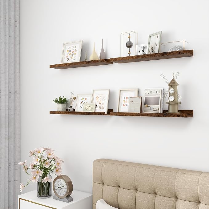 Acovy 24 inch Picture Ledge Shelf, Wood Floating Shelves Set of 4, Brown | Photo Ledge, Nursery Book Shelves, Wall Mounted, For Living Room Kids' Room Bedroom