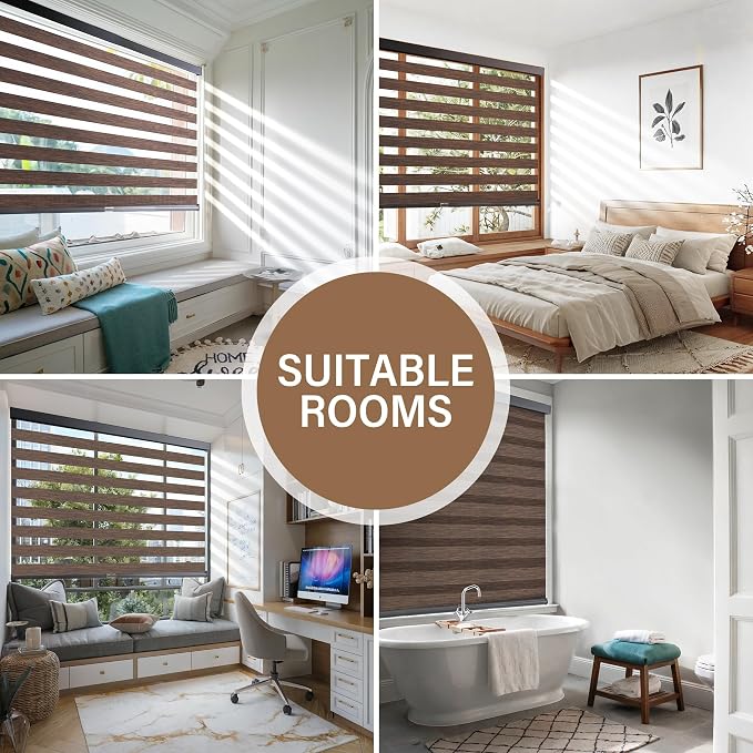 AOSKY Cordless Zebra Blinds for Windows Pull Down Roller Window Shades Dual Layer Light Filtering Privacy for Day and Night, Free-Stop Door Shades for Home Easy to Install Brown 37" W X 72" H