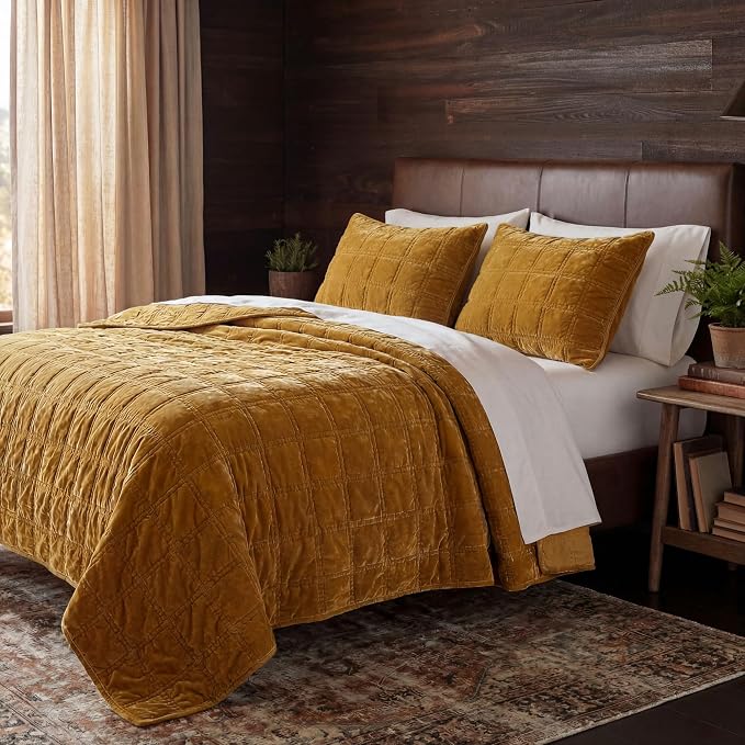 HiEnd Accent Stella Faux Silk Velvet Double Box Stitch 3 Piece Quilt Set, King Size, Saffron Solid Color, Classic Chic Modern Rustic Elegant Bedding Set, Lightweight Bed Set
