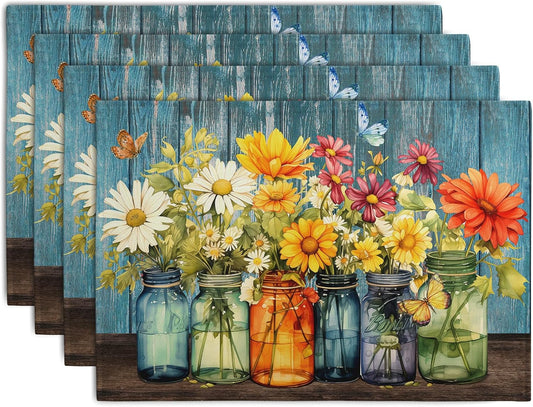 Rustic Daisy Placemats Set of 4 Vintage Flower Vases Wood Grain Linen Table Mats 12x18 Inch Summer Floral Wooden Board Farmhouse Washable Place Mat for Party Kitchen Dining Outdoor Indoor Decor
