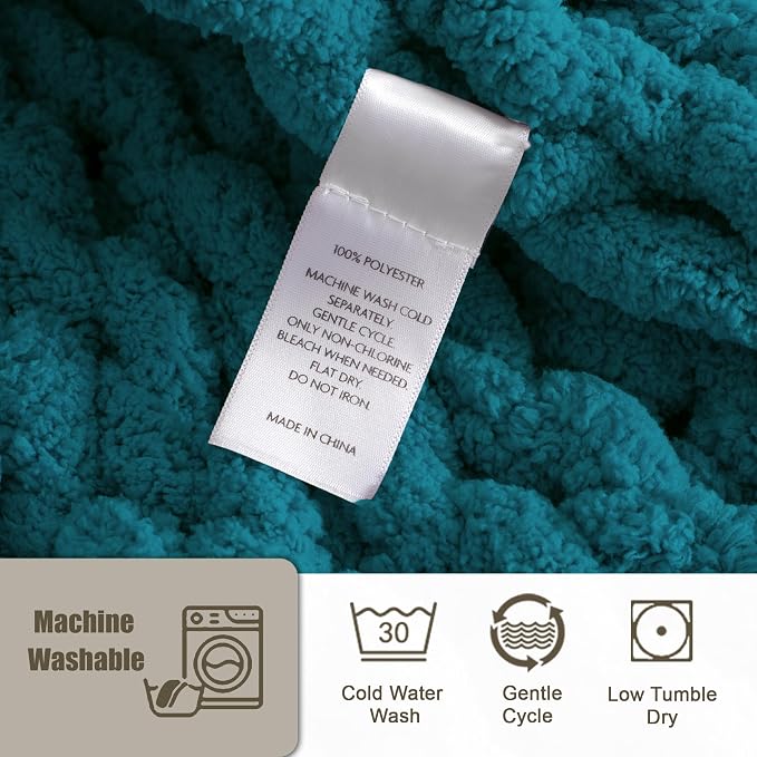 Chunky Knit Throw Blanket 60x80, 100% Handmade Chenille Yarn | 6.7lbs Soft Thick Cable Knitted Blankets, Large Rope Knot Crochet Throws for Couch Sofa Bed Machine Washable, Teal