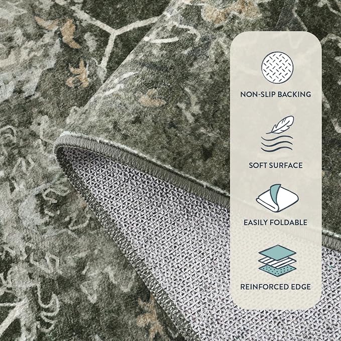Lahome Margot Vintage 5x7 Area Rugs - Washable Non-Slip Boho Living Room Rugs for Under Table, Green Low Profile Soft Faux Wool for Bedroom, Dinning Room, Nursery, Playroom