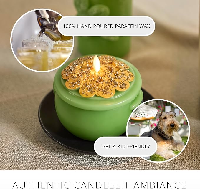 Luminara Lucky Green Pot of Gold Candle - Flickering Real-Flame Technology- Flameless LED- Remote Ready- Classic Green St. Patrick's Day- 4.8" x 4.3"