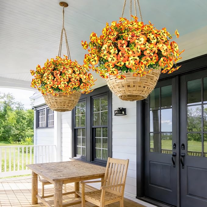 24 Pcs Artificial Fake Pansy Flowers for Outdoor,Faux Silk Plants Flowers UV Resistant Pansies Spring Flowers for Planter Front Door Porch Yard Patio garden Window Box Home Decor(Orange Yellow)