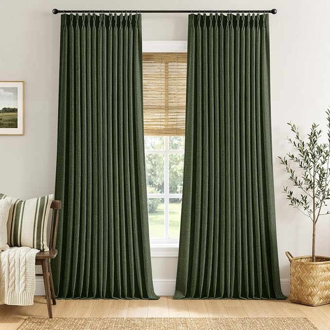 MIULEE Pinch Pleated Thick Linen Curtains 108 Inches Length 2 Panels for Living Room Bedroom, Extra Long Pinch Pleat Drapes Back Tab Light Filtering Loden Foor to Ceiling Curtains with Hooks&Rings