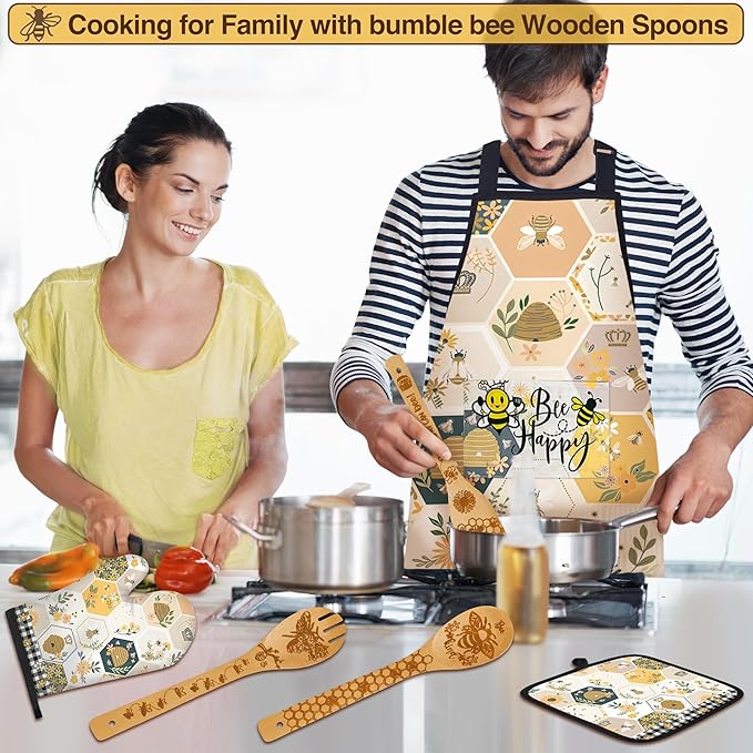 Bee Gifts for Women,8pcs Kitchen Utensils Set with Apron Oven Mitt Pot Holder - Unique Bee Bamboo Wooden Cooking Spoons Set,House Warming,Easter,Birthday,Mother's Day Gift