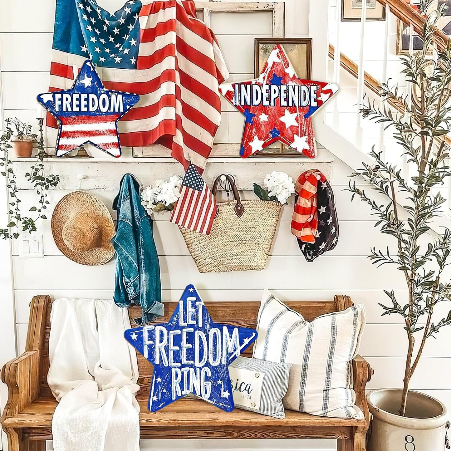 Large Size Wooden Star 4th of July Ornaments to Paint, Independence Day Wooden Patriotic Day DIY Blank Cutouts Unfinished Round Ornament for Crafts Summer Decorations 6 Pack