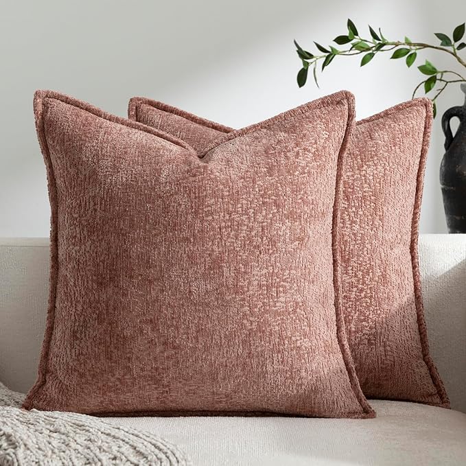 DEZENE Pack of 2 Dusty Pink Decorative Throw Pillow Covers 24x24 Cozy Soft Chenille Accent Vintage Square Couch Pillow Covers for Home Decor Bed Sofa Living Room