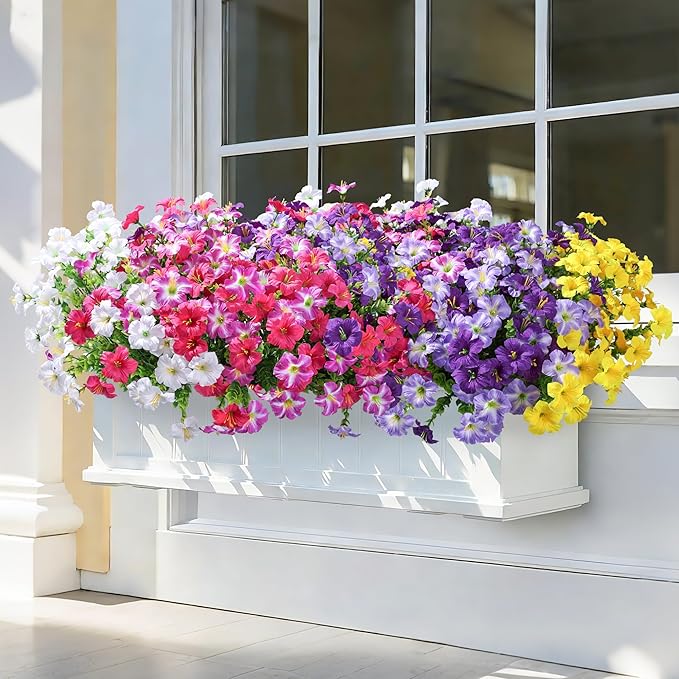 Artificial Flowers for Outdoors Decoration, 20 Bundles Faux Morning Glory with Eucalyptus Look Real UV Resistant Fake Plants Silk Flowers for Outside Yard Gardens Porch Patio Planter Home Urn, Mix