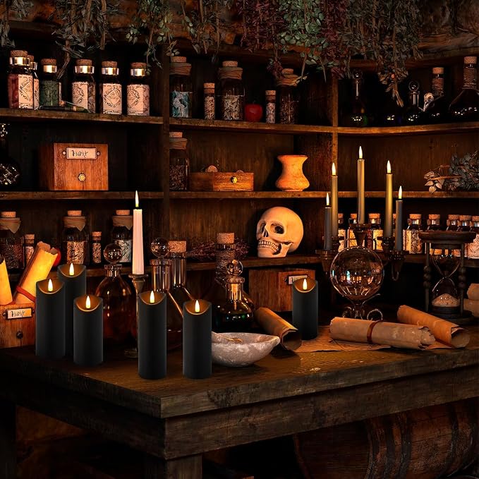 24 Pack Black Halloween Decoration Flickering Flameless Candles(D2.2 xH 5" 6" 7"), Battery Operated LED Pillar Candles with Remote Control and Timer,for Home Decor.