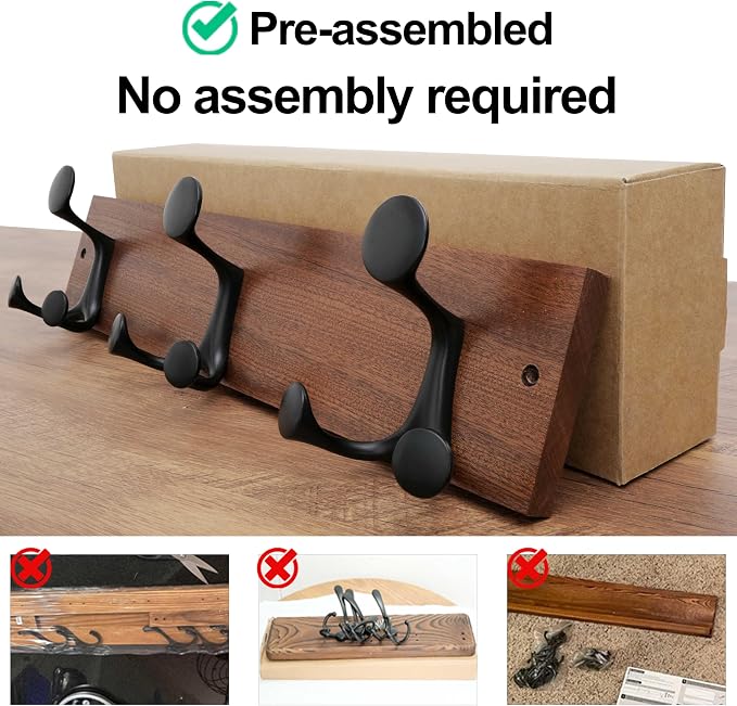 WEBI Coat Rack Wall Mount,17" Solid Wood Coat Hooks Wall Mounted Coat Hanger,16" Hole to Hole,Heavy Duty 3 Triple Hooks for Hanging Coats,Jacket,Hat,Backpack,Farmhouse,Reddish Brown,2 Packs