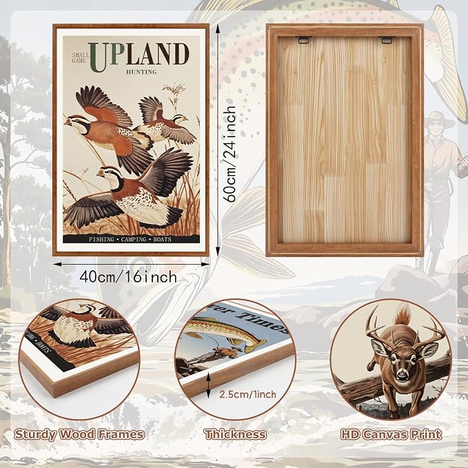 LHIUEM Vintage Hunting Framed Canvas Wall Art,Retro Deer Wild Birds Fishing Wall Decor,Nature Wilderness Posters Artwork for Living Room,Bedroom,Dining Room,Farmhouse -16"x24"x3