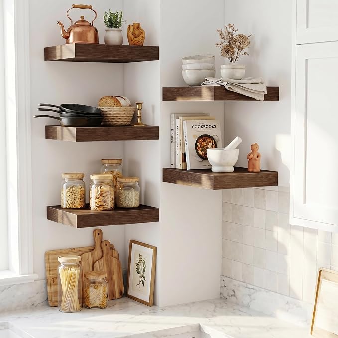 Fun Memories Wood Floating Shelves 16 Inch, 12 Inch Deep Shelves Wall Mount, Wall Shelves with Invisible Bracket, 16" Floating Shelves for Living Room Bathroom Bedroom, Walnut, Set of 2