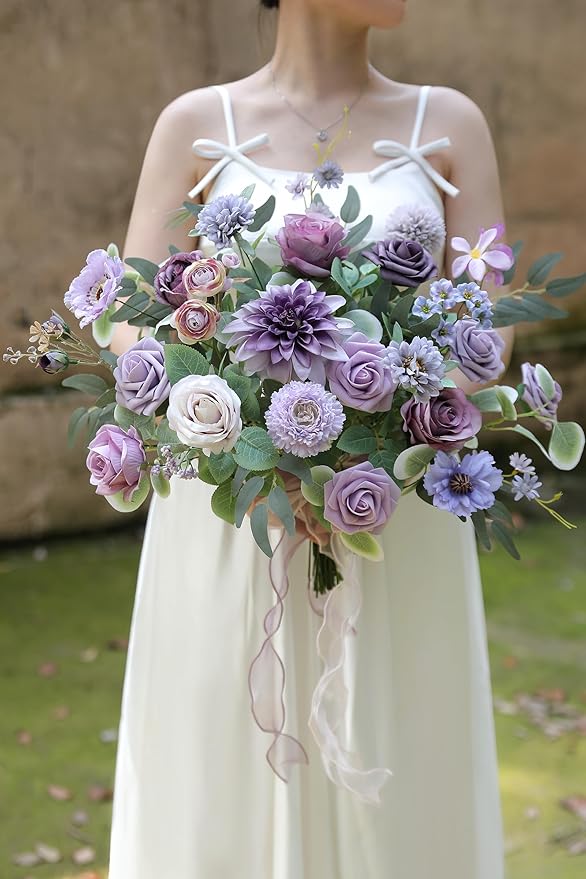 rongflower Purple Artificial Flowers Combo Box Set Silk Flowers Fake Rose for DIY Floral Arrangements Wedding Bouquets Centerpieces Baby Shower Party Home Decorations