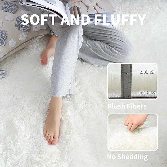 Fluffy 8x10 Large Area Rugs for Bedroom Living Room, Cream White Soft Washable Shag Carpet for Kids Room, Nursery, Dorm Decor, Colorful Cute Plush Fuzzy Rugs for Baby Toddler