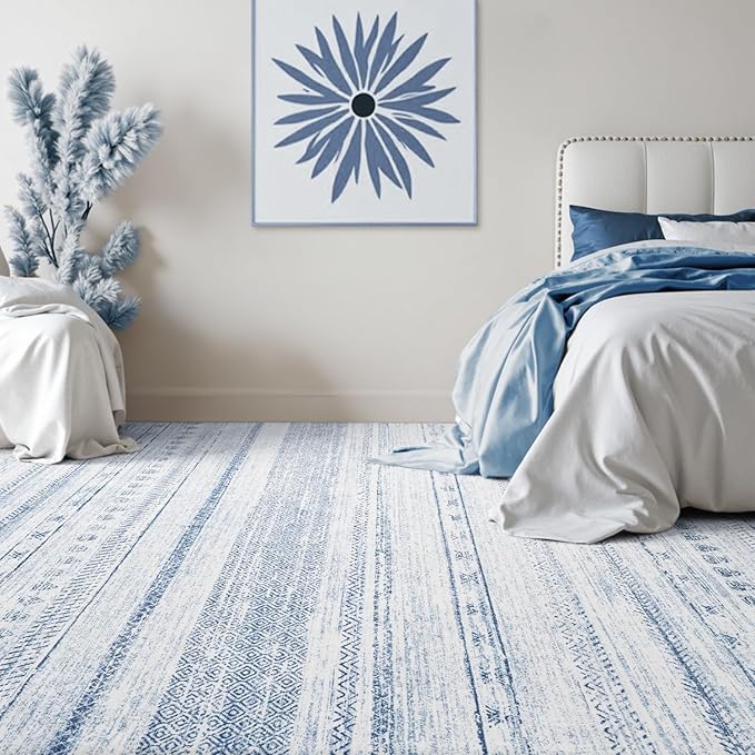 9x12 Area Rugs for Living Room Machine Washable Rug Distressed Indoor Carpet Neutral Moroccan Boho Rug Ultra Soft Area Rug for Bedroom Dining Room Playroom Office, Blue