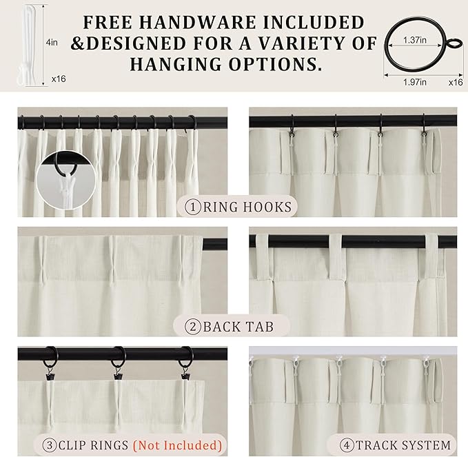 Pinch Pleated Linen Curtains 90 Inch, 2 Panels Premium 400GSM Memory Trained Semi Sheer Light Filtering Window Drapes for Living Room Bedroom Dining, Back Tab & Adjustable Hooks Rings , Birch Natural