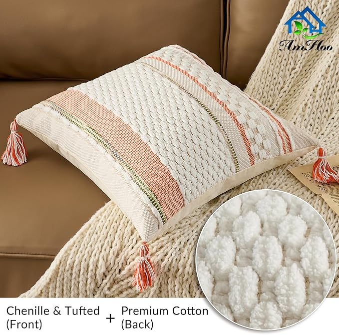 AmHoo Chenille Striped Textured Boho Throw Pillow Covers Aesthetic with Tassels Woven Decorative Pillow Case for Couch Bed Sofa Bedroom Modern Funky 18 x 18-Inch White Orange