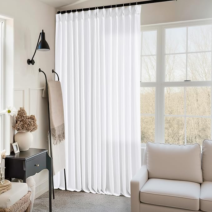 White Extra Wide Pinch Pleat Linen Curtains 120 Inches Long for Living Room Sliding Glass Door 70 Inch Wide Curtain Memory Trained Pleated Drape with Hooks Rings 70x120Large Window Curtain