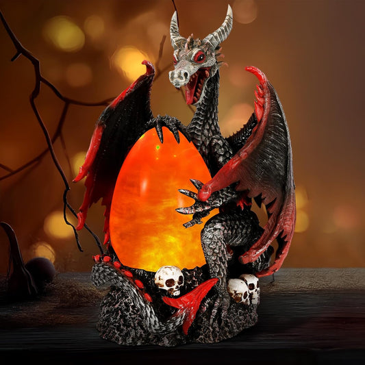 Fire Dragon Glitter Globe Statue Dragon Egg Glowing Sculpture, Skull Accent Base, Evil Dragons Lantern with 6H Timer, Battery Operated, Cool Decoration for Halloween, Fantasy Gift for Collectors