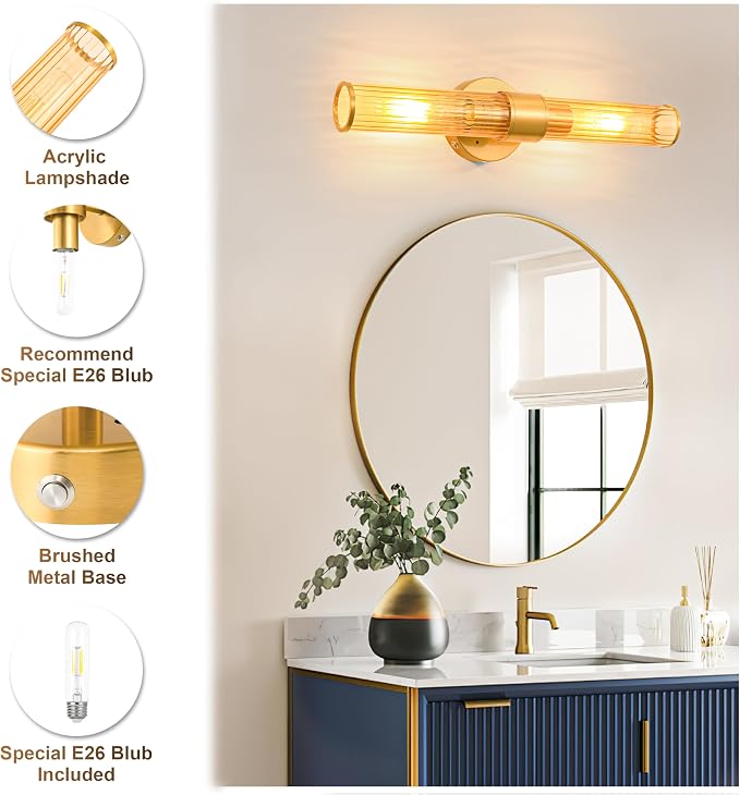 Morauroral Gold Battery Operated Wall Sconces Set of 2, Rechargeable Wall Lights with Remote Control, 20 Inch Modern Wireless Wall Lamp for Bedroom, Living Room with Amber Shade (Bulbs Included)